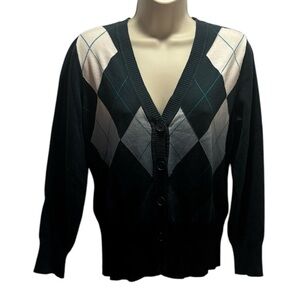 Y2K New York & Company Women's Casual Argyle Cardigan Button-Up Sweaters Size M